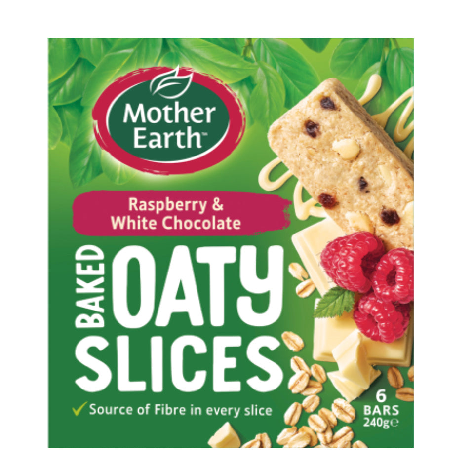 Mother Earth Raspberry & White Chocolate Baked Oaty Slices 6 x 40g -(B2B)