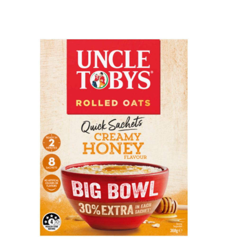 Uncle Tobys Creamy Honey Flavour Big Bowl Rolled Oats Quick Sachets 368g
