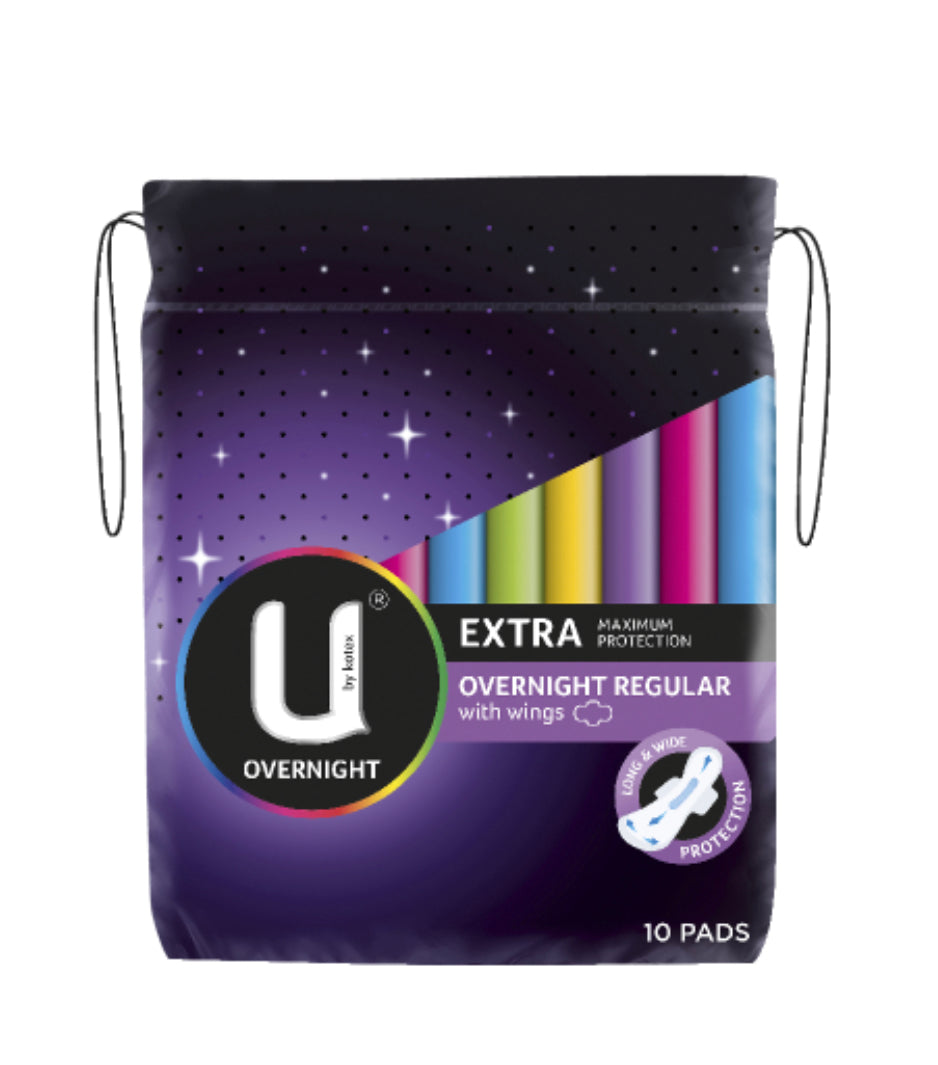 U By Kotex Extra Overnight Regular Pads With Wings 10pk