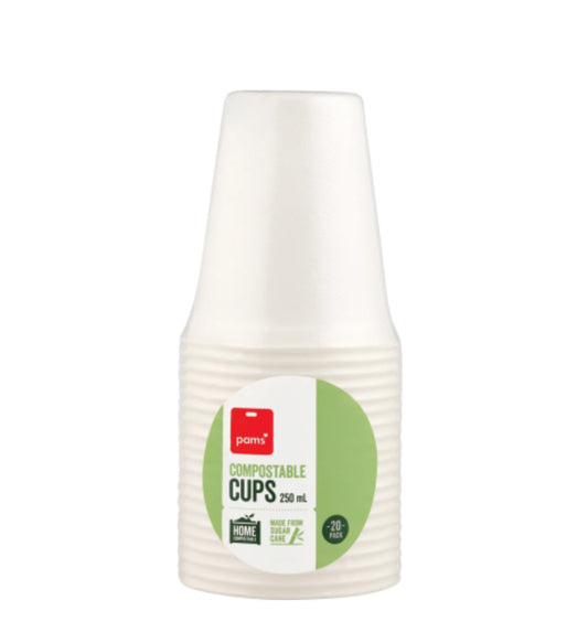 Pams Compostable Cups Sugarcane 20pk -(B2B)