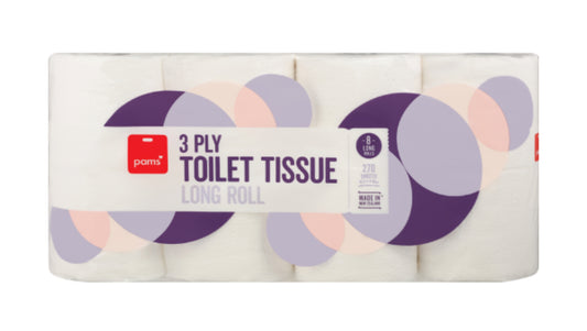 Pams 3 Ply White Long Roll Toilet Tissues 8pk
