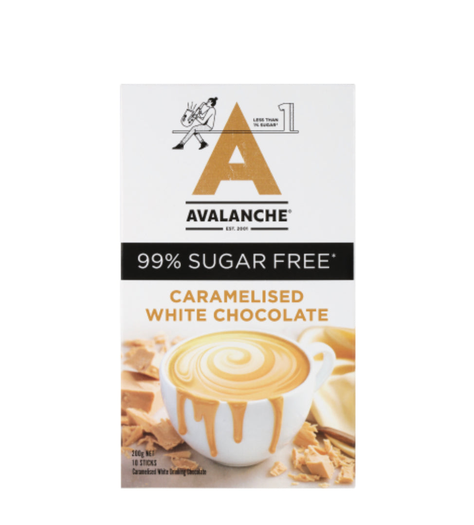 Avalanche 99% Sugar Free Caramelised White Choc Drinking Chocolate Sticks 10 x 20g