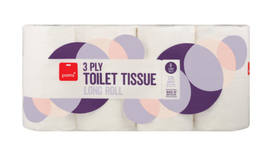 Pams 3 Ply White Long Roll Toilet Tissues 8pk -(B2B)