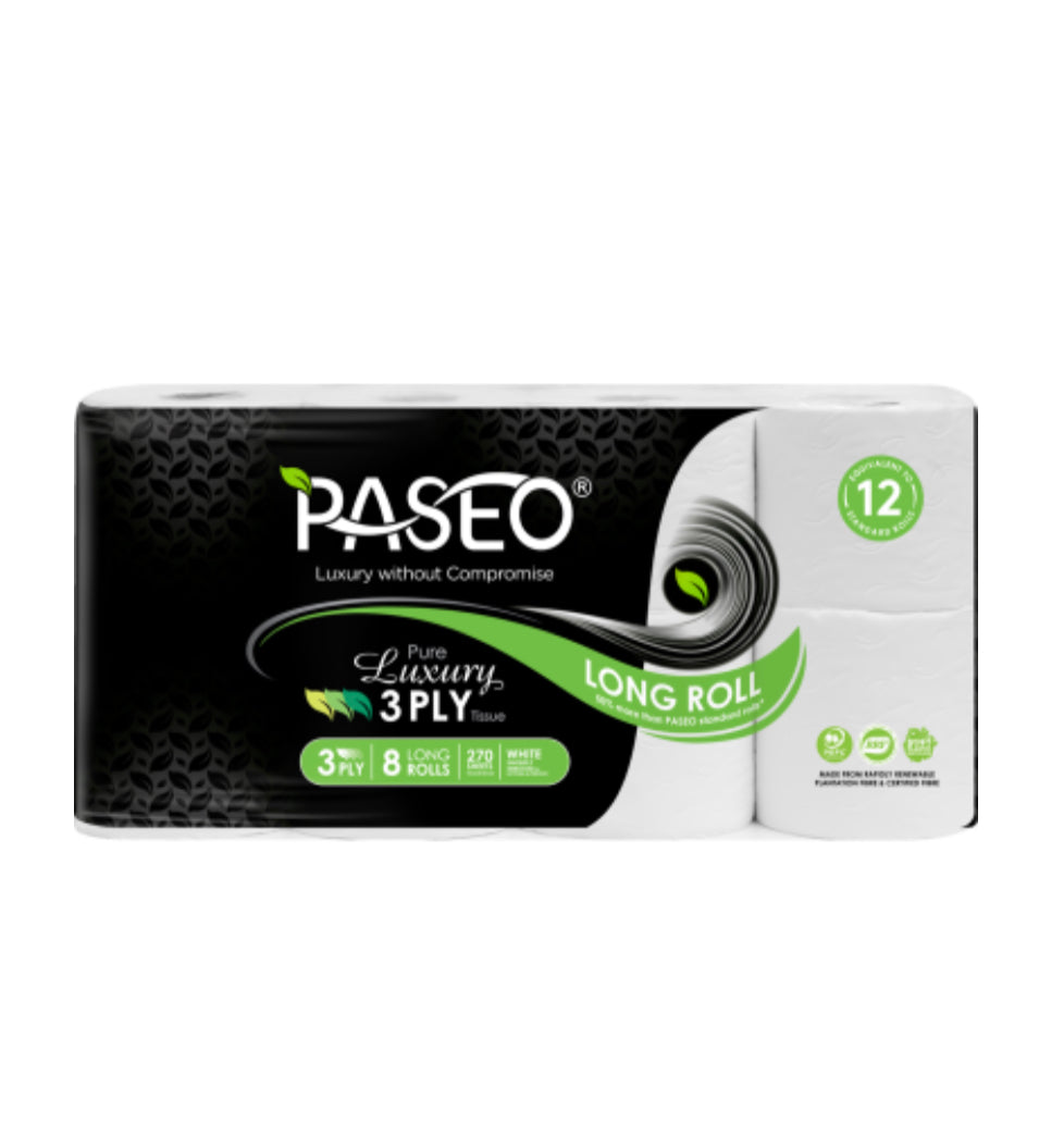Paseo Pure Luxury 3 Ply Long Toilet Tissue 8pk -(B2B)