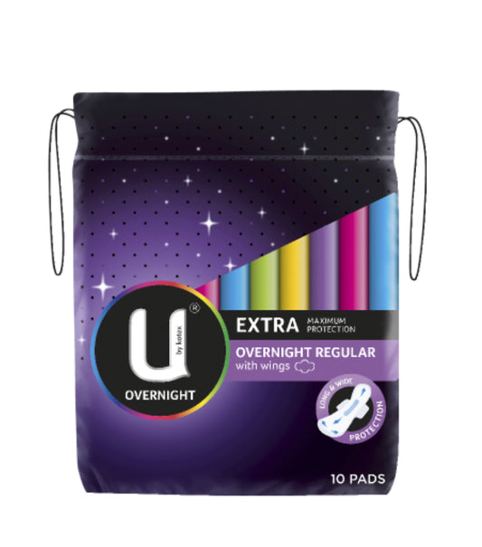 U By Kotex Extra Overnight Regular Pads With Wings 10pk