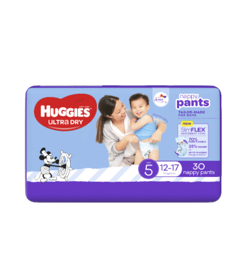 Huggies Ultra Dry Nappy Pants Boys Size 5 12-17kg 30pk -(B2B)