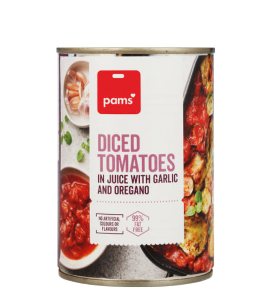 Pams Diced Tomatoes In Juice With Garlic And Oregano 400g