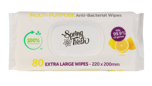 Spring Fresh Lemon Scented Extra Large Multi-Purpose Anti-Bacterial Wipes 80pk -(B2B)