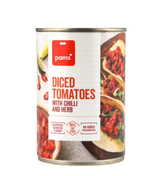 Pams Diced Tomatoes With Chilli And Herb 400g
