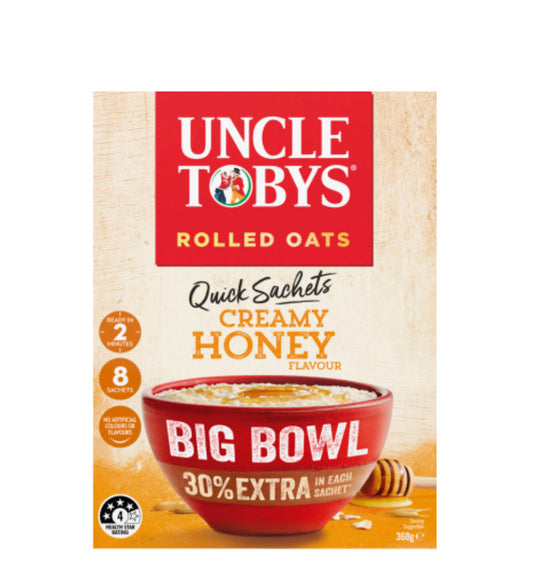 Uncle Tobys Creamy Honey Flavour Big Bowl Rolled Oats Quick Sachets 368g -(B2B)