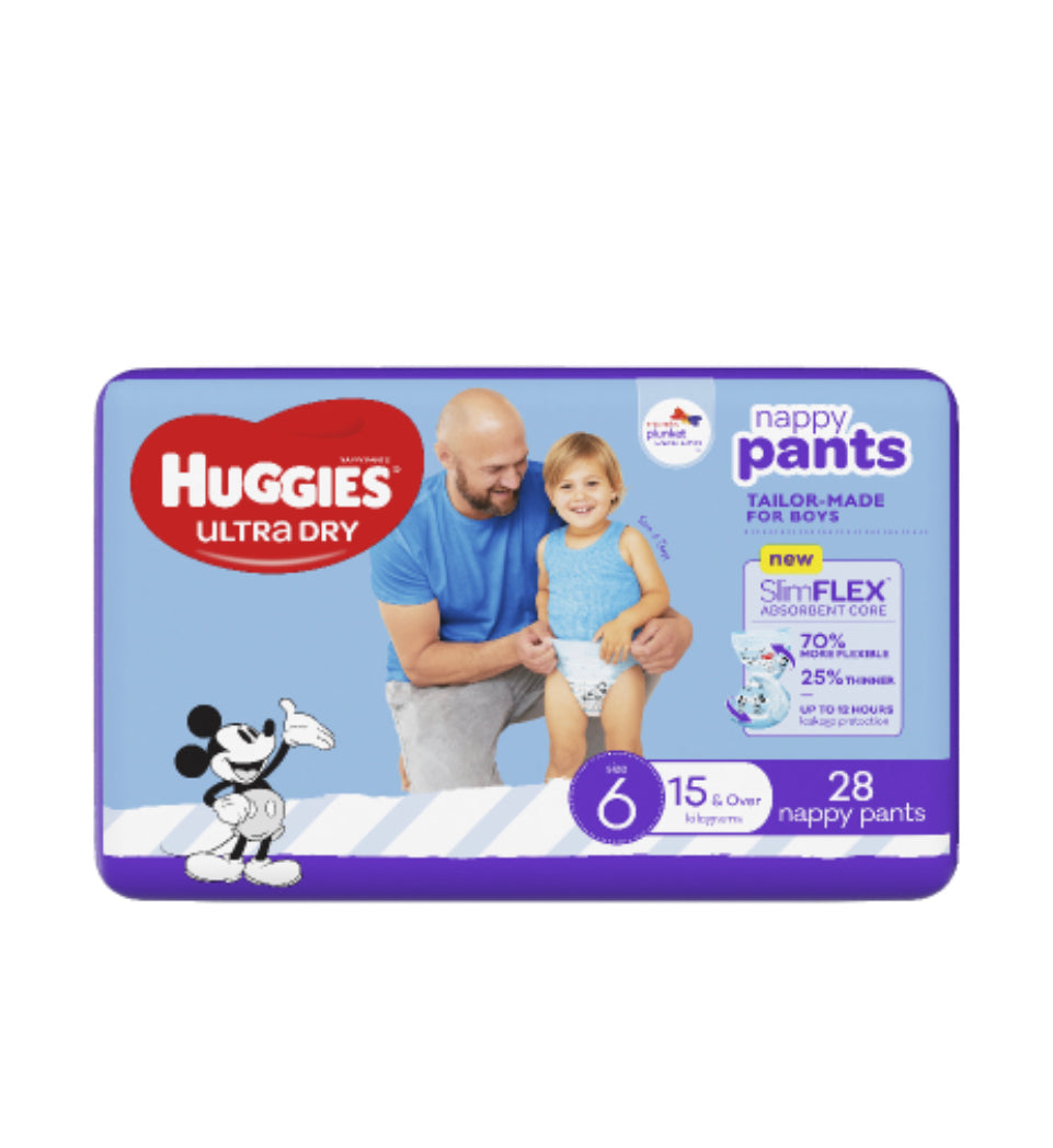 Huggies Ultra Dry Nappy Pants Boys Size 6 15kg+ 28pk -(B2B)